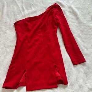 Red one shoulder long sleeve red cocktail dress